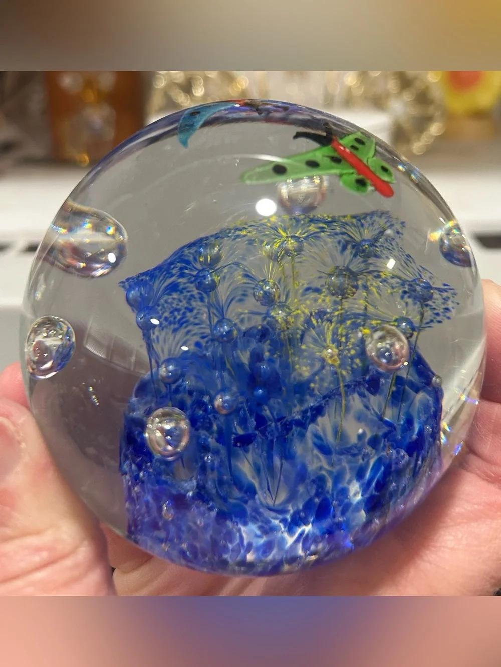 Art Glass Controlled Bubble / Butterfly & Flower paperweight. Like New